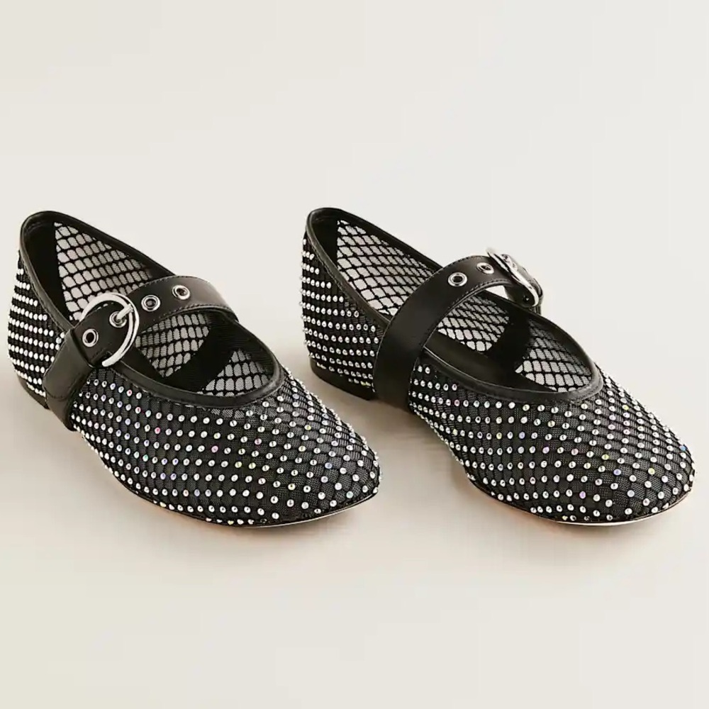 NWOT Reformation Bethany Black Rhinestone Mesh Ballet Flats - Picture 2 of 7